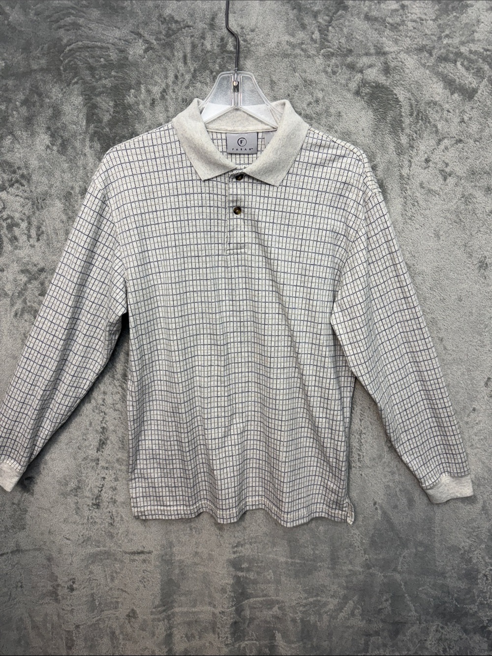 Farah Men's Long-Sleeve Grid Polo - Cream and Blue